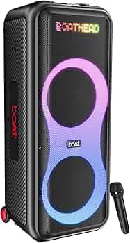 Boat PartyPal 600 Party Speaker, 220W Signature Sound, Dynamic Pixels, Animated Text Display, App Support, UHF Wireless Microphone, Colorful LEDs,7hrs Battery & Guitar Input (Premium Black)