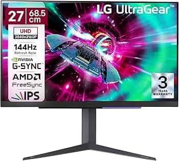 LG 27GR93U 68.5 cm (27 Inch) UltraGear UHD (3840x2160) IPS Gaming Monitor, 1ms, 144Hz, HDR10, DCI-P3 95% (Typ.), NVIDIA G-SYNC, AMD FreeSync Premium, HDMI X 2, DP, HP Out, Tilt/Height/Pivot, Black