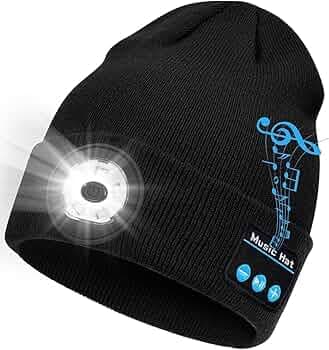 Bluetooth Beanie with Light, 2024 New Musical Knitted Hat with Headphone, Built-in Stereo Speakers Mic, 5 LED Super Bright, USB-C Charging, Cool Gadgets for Men Dad Camping Running Fishing Black