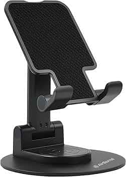 AirBorne Foldable and Portable Tabletop Mobile Stand with Stable Base,Height and View Angle Adjustable Phone Stand,Ideal Mobile Holder for Smartphones,Tablets, Kindles (Black 360°)