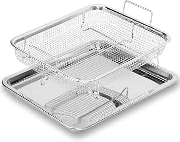 2pc Air Fryer Basket with Tray for Oven Stainless Steel Crisper Tray Non-Stick Mesh Basket Set Air Fryer Roasting Basket for French Fries/Chicken Crispy Foods Healthy Cooking, Dishwasher Safe