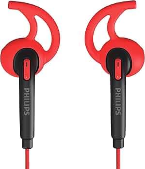 Philips TAA1009RD/94 in-Ear Sports Wired Earphones with Mic, 12mm Neodymium Drivers, Secure Fit Wing Tips, IPX4 Splash/Sweat Resistant, 3-Button Remote, 1.2 m Cable with 3.5 mm Stereo Plug (Red)