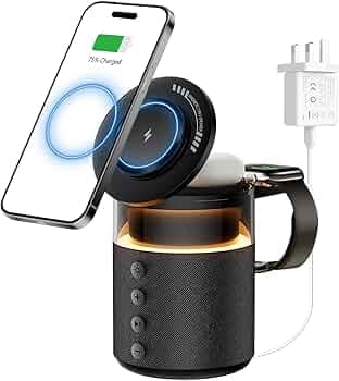 3 IN 1 Wireless Charging Station,Wireless Charger for iPhone17 16 15 14 13 12 Series Apple Watch Airpods,Bedside Docking Station with Light,Phone Stand with Bluetooth Speaker,Cool Tech Gadgets for Men