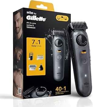 Gillette Series 5 All-in-One Beard & Body Trimmer for Man (by Braun) | 40 length settings for Face, Body, Head & Private Parts | Sensitive Body Comb for body grooming | 7-In-1 on top Attachments | 120 Min Runtime | 5 Min Quick Charge | 100% Waterproof