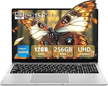 15.6 inch Laptop, Laptops with Celeron N4000, 2025 Gaming Laptop for 12GB LPDDR4 256GB SSD, IPS FHD 1920x1080, WiFi+BT4.2+Mini HDMI+TF Card Slot, Traditional Laptops Computers Convertible 180° Netbook