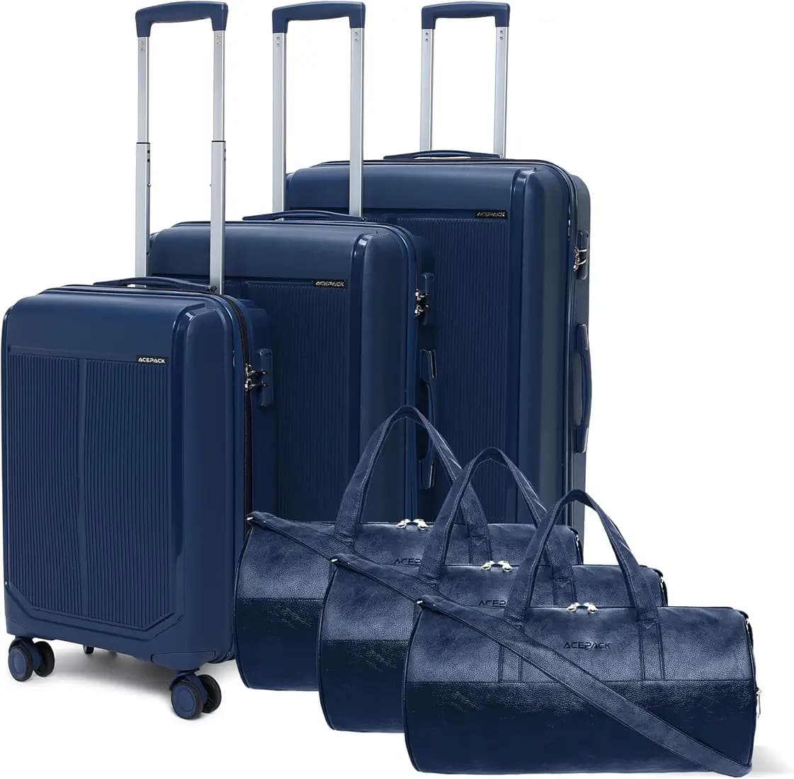 Megatron 6-Piece Family Set – 3 Duffle Bags + 3 Trolley Suitcases, Unbreakable Polypropylene Luggage, 8 Spinner Wheels, Built-in Number Lock, 3-Year Warranty (Set of 6 with Duffels, Navy)