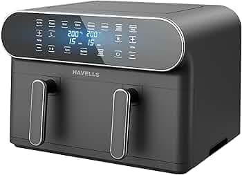 Havells Air Fryer Prolife Delicia 1700 W|Dual Basket Air Fryer|85% Less Oil|10.5L Pan|8 Auto Pre-set Menu|Auto Restart|Digital Touch Control|Dehydrator Mode|2Yr Door Step Warranty by Havells (Black)