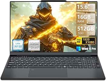 KUMNOSAL 2025 Gaming Laptop,Narrow Bezel Laptop Computer with Quad-Core Processor Twin Lake N150(Up to 3.6GHz) 16GB DDR4 512GB SSD 15.6 Inch FHD Premium Laptop Winds 11 Pro, Metal Shell, Type-C
