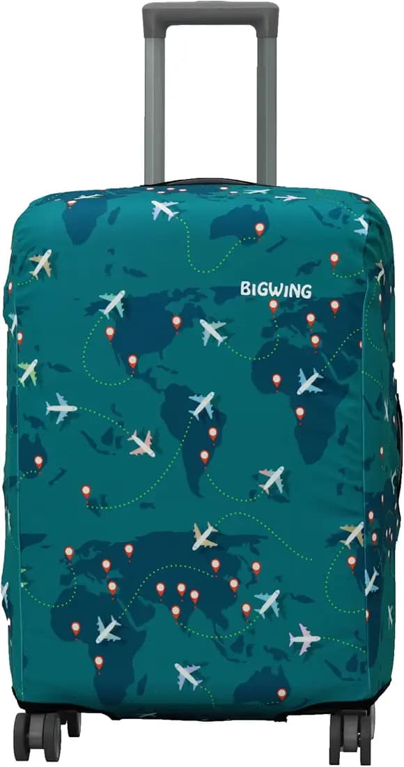 BIGWING Protective Cover in Polyester Fabric with Map Print for | 20' Inch 55 cm Small Size | Hard Luggage Trolley Bag Cover (Fits Only On Fiber - Plastic Trolley Bag) Turquoise Color