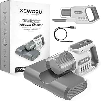 NEWDRU UV-Powered Portable Vacuum Cleaner for Bed & Sofa | Handheld Dust Mite Remover with UV Sterilization, 10kPa Suction | Rechargeable Type-C, Lightweight, Anti-Allergen Mattress Vacuum - Grey