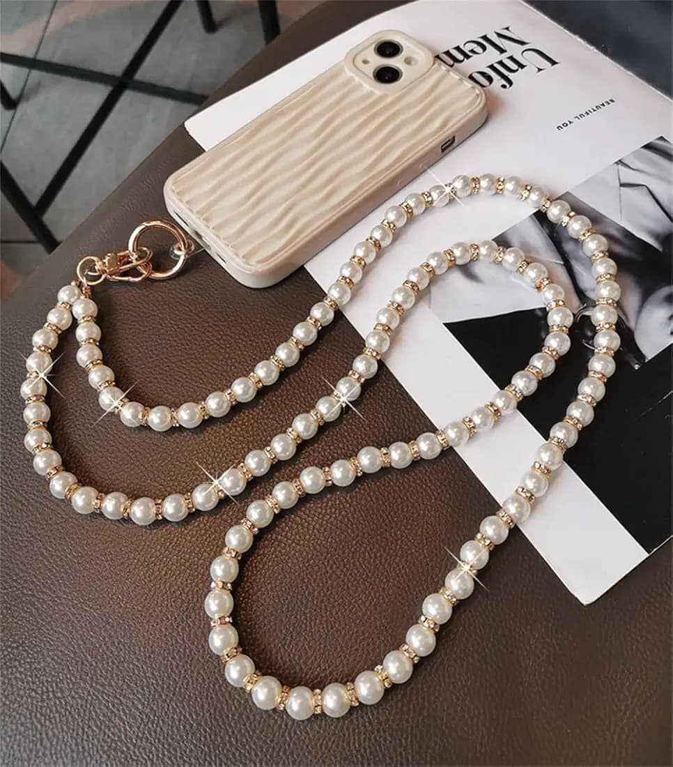 Phone Chain Crossbody Pearl Strap, Pearl Beaded Chain Shoulder Crossbody Lanyard with Phone Tether Patches Compatible with Most Phones Bag Purse