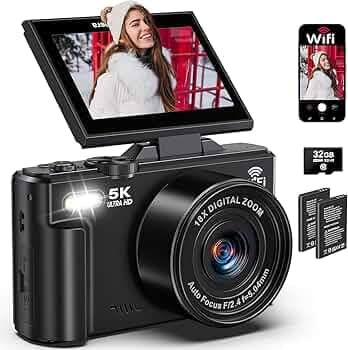 Digital Cameras for Photography - 5K 75MP Vlogging Camera for YouTube WiFi - UHD Autofocus Vlog Camera 3" 180° Flip Screen with 18X Zoom - Travel YouTube with 32GB SD Card, 2 Batteries (B55)