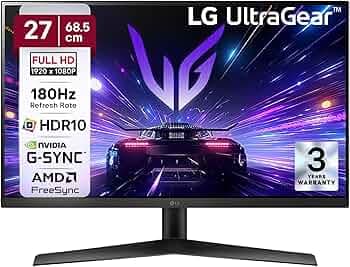 LG 27GS60F 68.5 cm(27 Inch) UltraGear FHD(1920x1080) IPS Gaming Monitor, 1ms, 180Hz, HDR10, sRGB 99%(Typ.), NVIDIA G-SYNC Compatible, AMD FreeSync, Anti-Glare, HDMI, DP, HP Out, Tilt Adjustable, Black