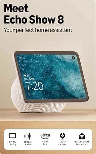Amazon Echo Show 8 (newest model), vibrant 8.7" HD display with spatial audio & Alexa, new sleek design, smart home controls, 2x bass speaker, 13 MP camera, bluetooth, Glacier White