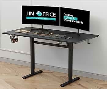 JIN OFFICE Octave Height Adjustable Desk Electric | 80 Kg Wt. Cap, 2 Year Warranty| Standing Desk with Memory Preset, Cup Holder| Stability Crossbar (Black Frame | Black Top, 1500 x 750 mm)