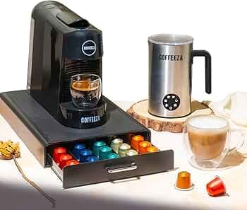 COFFEEZA Finero Next Pod Coffee Machine with Milk Frother & Capsule Storage Drawer (Combo) 20 Bar Pressure, Nespreso Pod Compatible | Perfect Coffee Maker for Espresso, Latte & Cappuccino