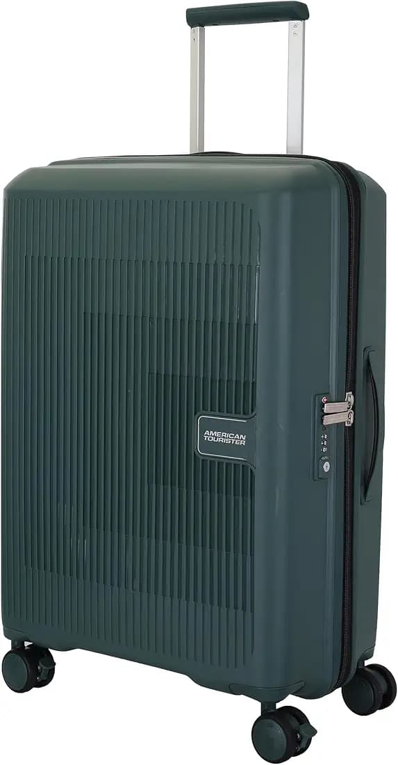American Tourister Aerostep SL 67 CM Hard Shell 8 Spinner Wheel,Expander & Recessed TSA Lock Check-in Trolley Bag for Travel|Medium PP Suitcase with Double Zipper,Flexi Packing Straps For Unisex-Green