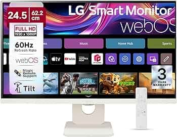 LG 25SR50F 62 cm (25 Inch) Full HD (1920x1080) IPS Smart Monitor, webOS, Wi-Fi, Bluetooth, Miracast, AirPlay2, 5W x2 Speakers, HP Out, HDMI x2, USB-A, Reader Mode, 3-Side Virtually Borderless (White)
