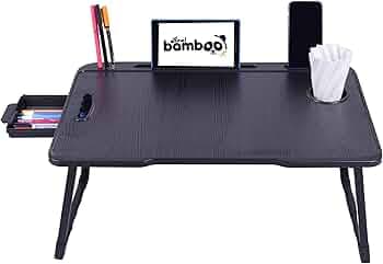 Real Bamboo Wood Smart Multipurpose Foldable Laptop Table with Cup Holder, Study Table, Bed Table, Breakfast Table, Portable,Ergonomic & Rounded Edges/Non-Slip Legs~~ (US Biding Black)
