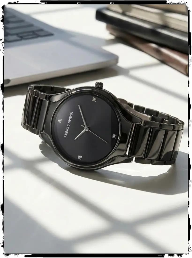 AMERICANVIBER Men's Minimalist Watch, Silver Stainless Steel, White Dial with Crystal Accents, Analog Quartz Movement, Date Window For Men