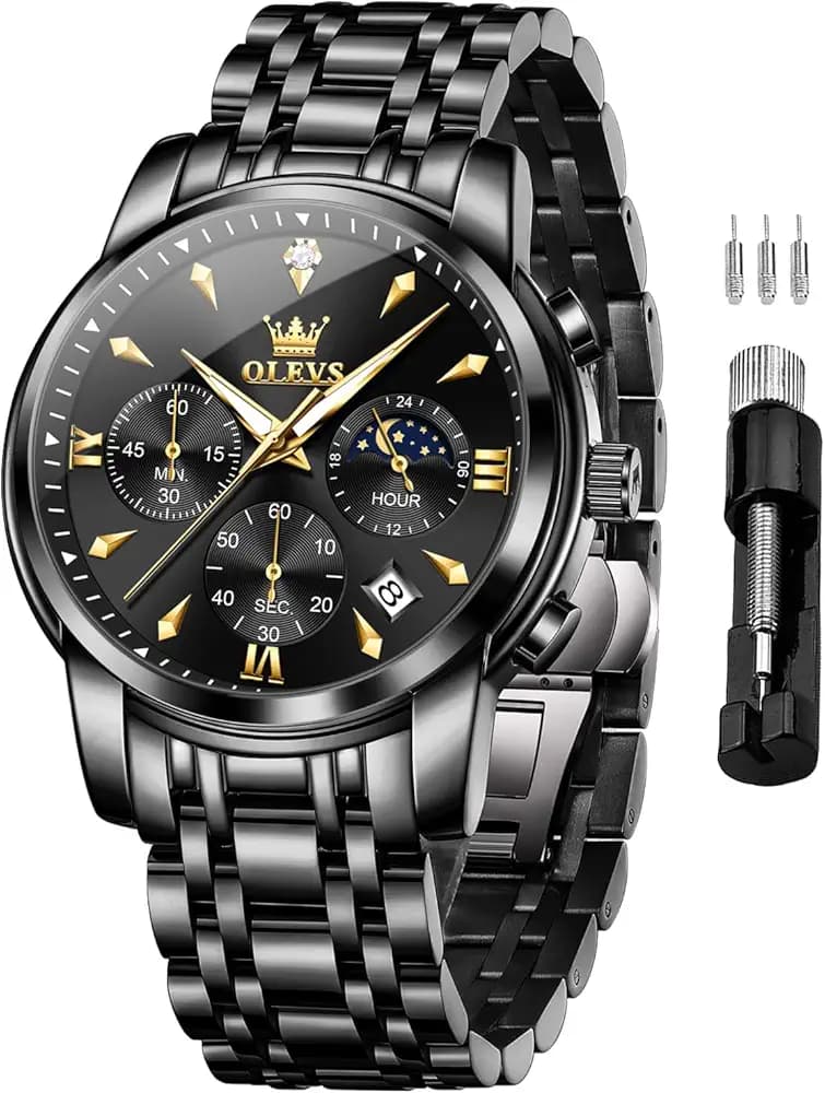 OLEVS Watches for Men Original Chronograph Luxury Business Analog Quartz Watch Waterproof Moon Phase Stainsteel Steel Diamond Mens Watch