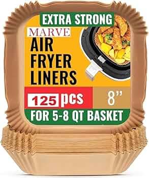 Marve Square Air Fryer Liners Food-Grade BPA Free Paper for 5 to 8 litres Oil-Free Fryers - Healthy Cooking I Heat Resistance Air Fryer, Baking, Roasting Microwave (125 Pcs Air Paper Fryer)