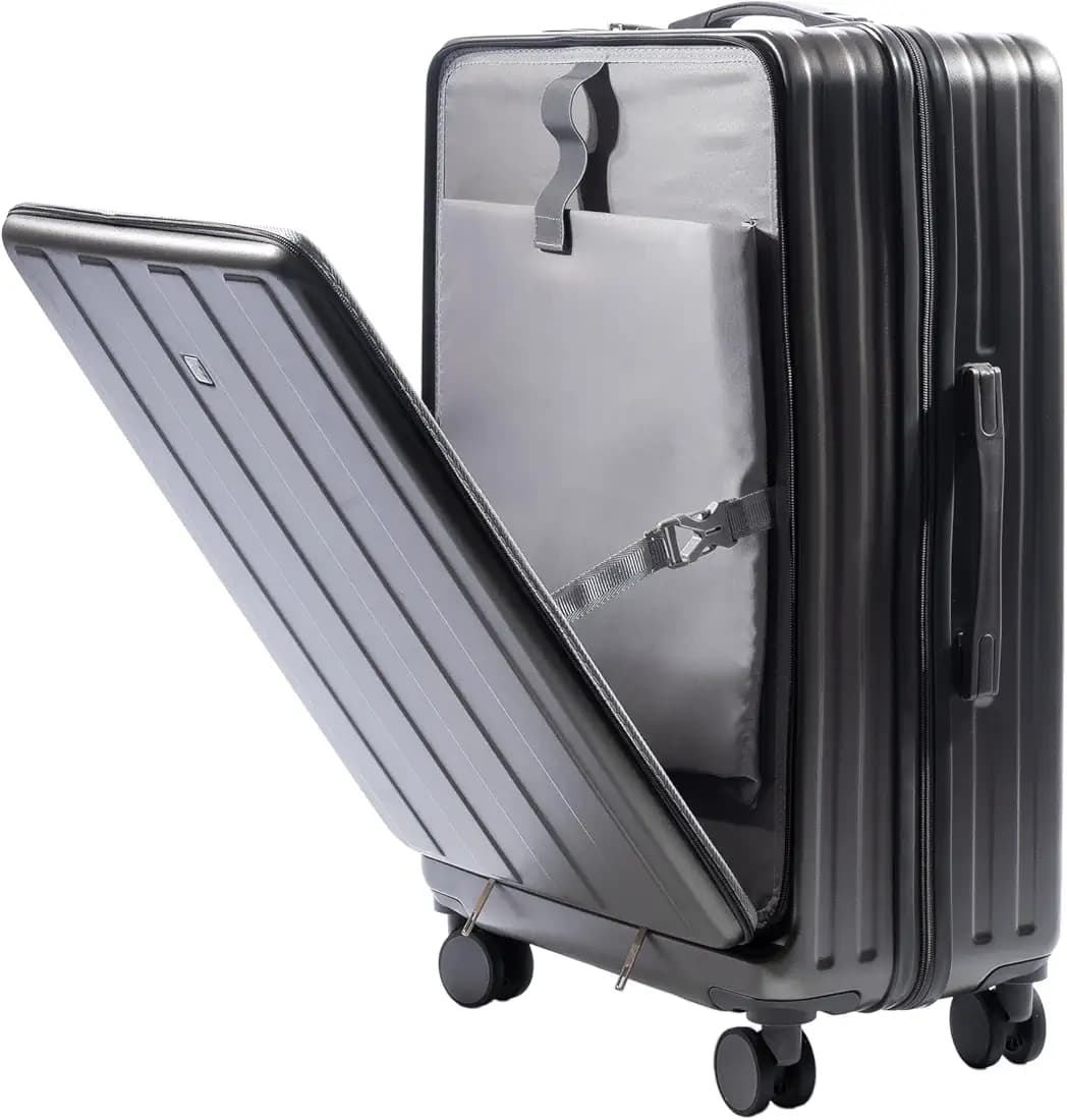 PYB Voyage - Suitcase Trolley Bag, Laptop Compartment, USB Port, TSA Lock, Mobile Holder, Cup Holder, Hook, Noiseless 360 ° Rotating 8 Wheels, Polycarbonate (Dark Grey, Check-in Large 26 inch)