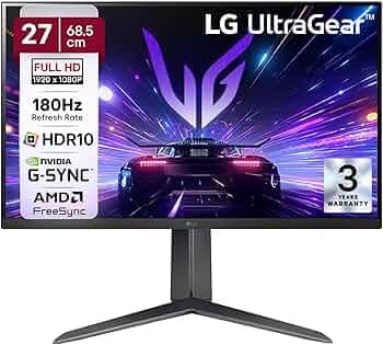 LG 27GS65F 68.5 cm (27 Inch) Ultragear FHD (1920x1080) IPS Gaming Monitor with 180Hz, 1ms (GtG), HDR10, NVIDIA G-SYNC Compatible, AMD FreeSync, HDMI, Tilt/Height/Pivot Adjustable, Anti-Glare (Black)