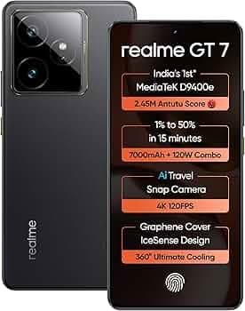realme GT 7 (IceSense Black,12GB+512GB)| India's 1st MediaTek Dimensity 9400e Chipset | Strongest Battery Combo 7000mAh + 120W | AI 4K 120FPS Travel Camera | 360° Cooling IceSense Design with Graphene