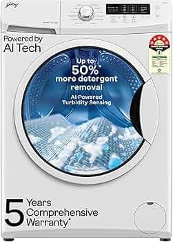 Godrej 8 Kg 5 Star, AI Powered, Inbuilt Heater, Fabrisafe Drum, Eco Wash, Unbalanced Load Sensor, Stain wash, Fully Automatic Front Load Washing Machine (WFEON CRS 8012 5.0 FKEDM GLWH, Glacial White)