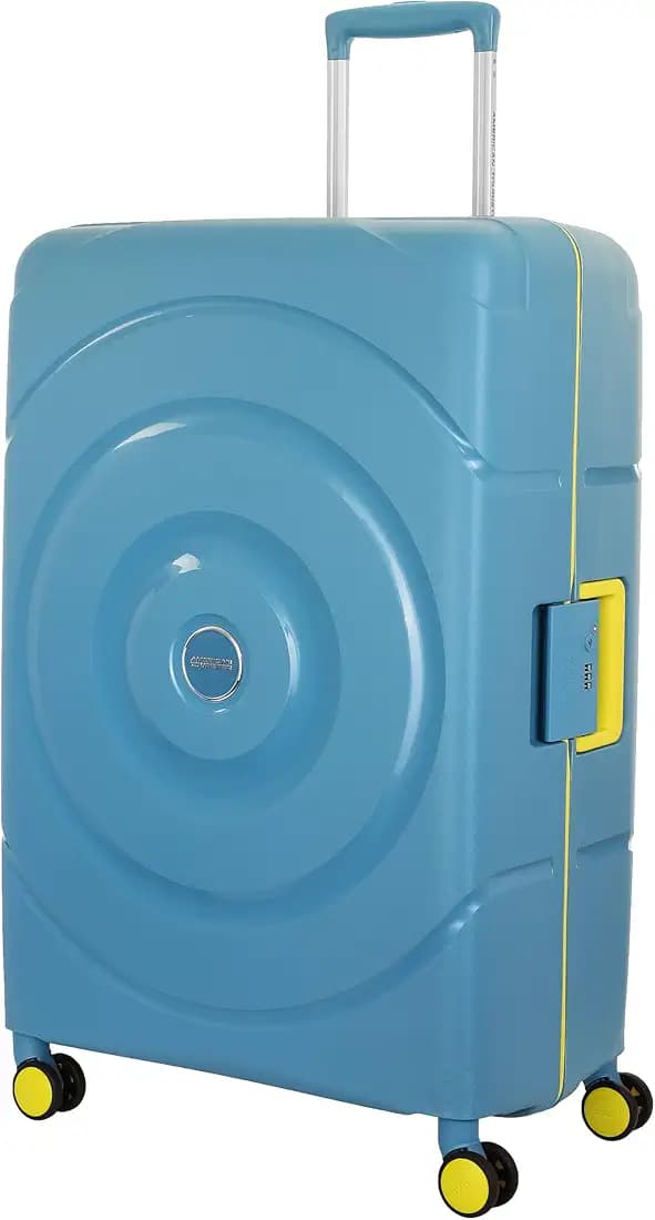 American Tourister Large Polypropylene Circurity+ 77 Cm 8 Wheel with 3 Point TSA Lock Hard Trolley Bag for Travel|Small Suitcase Double Wheels & Flexi Packing Straps for Men & Women-Larkspur,Blue