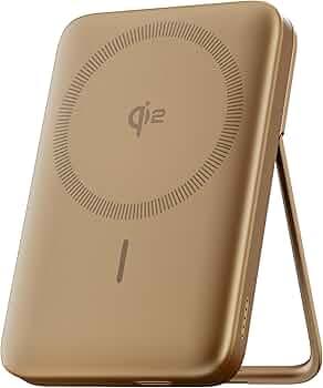Ambrane Qi2 Magsafe Wireless 10000mAh Powerbank, Faster 15W Wireless Charging, Better Magnetic Strength, Low Heat with Qi2 Certified Technology, Metal Stand, for iPhone 12 or Later (MagSurge, Golden)