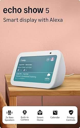 Amazon Echo Show 5 (latest model) | Smart display with Alexa, 2x bass speaker, clearer sound, camera for home monitoring, bluetooth | White