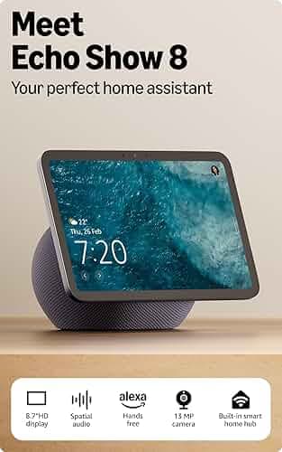 Amazon Echo Show 8 (newest model), vibrant 8.7" HD display with spatial audio & Alexa, new sleek design, smart home controls, 2x bass speaker, 13 MP camera, bluetooth, Graphite