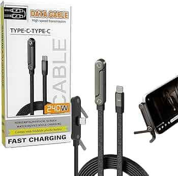 USB C to USB C 240W Fast Charging Cable 1.5M with Foldable Invisible Phone Stand, Type C to Type C PD Quick Charge Cord, Multi-Angle Adjustable Desk Holder Charger for Phone, Laptop & Car Use