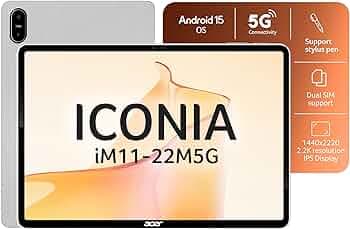 Acer Iconia iM11-22M5G |11.45" 2.2k”90Hz IPS Display(450 nits), MediaTek 8791 Processor, 8GB RAM + 128GB Storage, 16MP Rear+8MP Front Camera,Wi-Fi + 5G VOLTE, Android 15,BT 5.2, Slim Metal Body,Silver