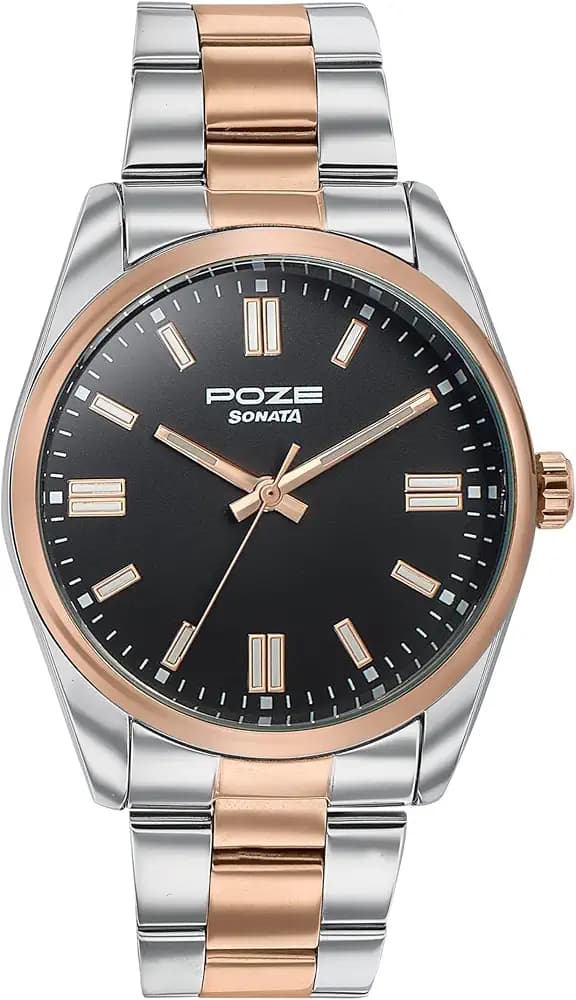 Sonata Poze Quartz Analog Black Dial Metal Strap Watch for Men-SP70033KM01W