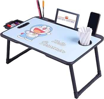 DIVIJA STORE Foldable Wooden Laptop Table | Adjustable Multipurpose Study Table with Drawer, Mobile/Tablet Stand | Portable Writing Desk for Office, Home, School & Work from Home (US COTTED DOREMON)