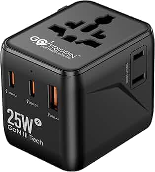 Gotrippin by Destinio Universal Travel Adapter - (25W) 5-in-1 Fast Charging Multi Plug Adapter, 2 Type C; 1 USB A; 1 USA Socket; International All in One Charger Adaptor