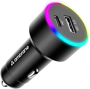 Ambrane 85W Car Charger, Mobile & Laptop Charging (Macbook & Type C Laptops), RGB Light, Dual Port Fast Charging, 65W Type C PD, 20W USB, Works with iPhone, Android, iPad & other Devices (Black, C85R)