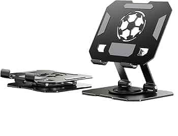 360° Rotatable Metal Tablet Stand(Backboard Soccer Cutout Design), Adjustable Folding Desktop Stand for iPad/iPhone/Switch, Universal Use for Office/Movie/Studying/Drawing/Gaming, Black
