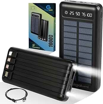 GIGALUMI 10000mAh Solar Power Bank Built-in COB Flashlight Portable Charging Device with LED Indicators 2 USB Output Ports & USB-A to Micro-USB Cable for Smartphones Tablets (Pack of 1, Black)