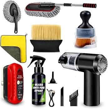 8 PCS Car Cleaning Kit Combo with Portable 120W Car Vacuum Cleaner | Complete Car Interior Cleaning Kit | Car Duster, Detailing Brush, Anti Fog Spray & Microfiber Cloth | Car Accessories Set