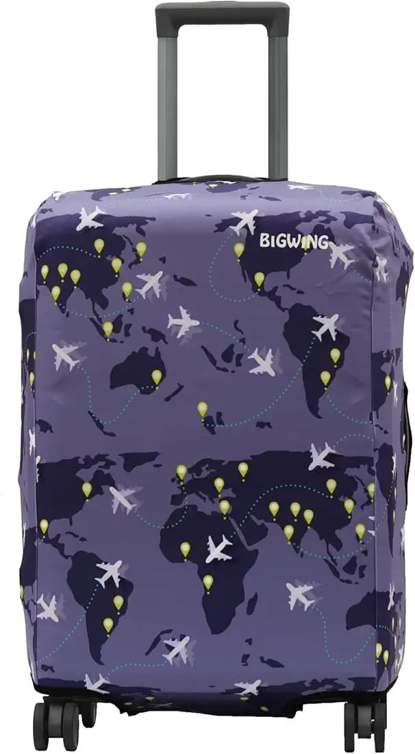 BIGWING Protective Cover in Polyester Fabric with Map Print for | 24 inch 65 cm Medium Size | Hard Luggage Trolley Bag Cover (Fits Only On Fiber - Plastic Trolley Bag) Purple Color
