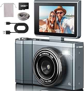 4K Digital Camera for Photography 64GB Sd Card 64MP Autofocus Anti-Shake Vlogging Camera for YouTube with 3" 180°Hd Flip Screen 18x Digital Zoom 2000 mah Battery