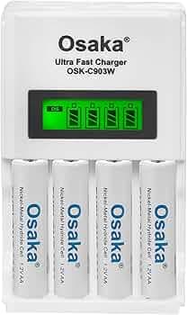 OSAKA HR06 3000mAh AA Ni-Mh Rechargeable Batteries 4 Pieces with OSK-C903W Battery Charger Set
