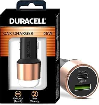 Duracell 65W Fast Car Charger Adapter with Dual Output. Quick Charge, Type C PD 45W & Qualcomm Certified 3.0 20W, Compatible for iPhone, All Smartphones, Tablets & More (Copper & Black)