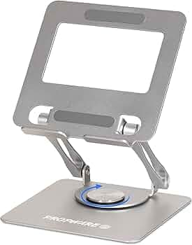 Aluminum Tablet, Phone, Portable Gaming Console Stand up to 15" with 360° Rotating Base, Ergonomically Adjustable, Collapsable, Great for Kitchen, Desktop, Travel (Silver)