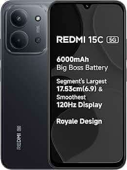 REDMI 15C 5G Midnight Black 4GB + 128GB | Royale Design | Massive 6000mAh Battery | Segment's Largest 17.53cm Display Up to 120Hz | MediaTek Dimensity 6300 | 33W Fast Charging | 50MP AI Dual Camera