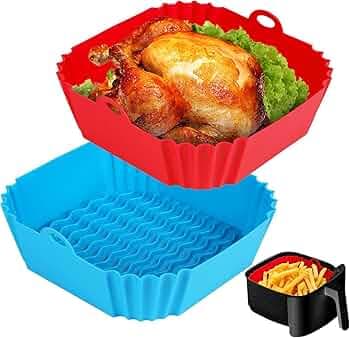 BONDWET 2 PCS Air Fryer Liners I Square Silicone Basket Baking Tray I Pot with Ear Handles I Nonstick Reusable Heat Resistant I Cooking Oven Insert Accessories - Multicolor (Square Liner, 8 INCH)
